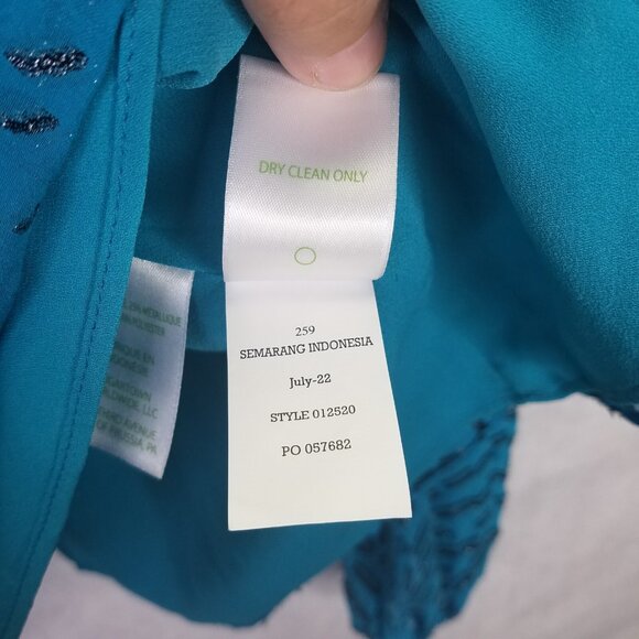 Lilly Pulitzer Caline Blouse Women M Teal Bay Silk Swirl Clip Silver Puff Sleeve - Picture 13 of 16